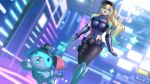  1girl 364ing absurdres black_hat blonde_hair blue_eyes blurry blurry_background breasts ceru_foxhound covered_navel cyborg dog green_hair hat highres holding holding_leash leash long_hair multicolored_hair open_mouth pantyhose police police_uniform policewoman pouch second-party_source smile star_(symbol) star_in_eye streaked_hair symbol_in_eye thigh_pouch thigh_strap vallure 