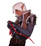  1boy armor arms_up belt belt_buckle black_pants breastplate brown_belt brown_jacket buckle closed_mouth commentary cowboy_shot cyq_kk dark-skinned_male dark_skin dragon_age dragon_age_2 elf english_commentary fenris_(dragon_age_2) from_side fur-trimmed_jacket fur_trim hair_behind_ear holding holding_ribbon jacket long_pointy_ears long_sleeves looking_down male_focus open_clothes open_jacket pants parted_hair pauldrons pointy_ears profile red_ribbon ribbon shoulder_armor simple_background solo white_background white_fur white_hair 