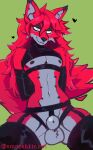 animal_genitalia anthro balls canid canine clothing femboy fox fully_sheathed fur garter_belt garter_straps genitals green_background green_eyes hands_behind_back hi_res latex latex_clothing latex_legwear latex_thigh_highs legwear male mammal nipples red_body red_fur sheath simple_background sitting small_waist smile smirk smooshkin smug solo submissive submissive_anthro submissive_male thigh_highs
