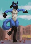 2011 ambiguous_gender ambiguous_species anthro black_body black_fur blood blue_body blue_fur blue_sky bodily_fluids city claws cloud colored crushed_micros death extreme_size_difference eyes_closed fur generation_4_pokemon gore group hi_res jeri_kleinlowe kneeling looming_over lucario macro male male/ambiguous micro muscular muscular_male nintendo nude_macro nude_male outside pokemon pokemon_(species) public public_nudity scared sitting size_difference sky standing stomping tail white_body white_fur