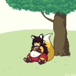 1:1 2021 animated anthro belly big_belly brown_hair canid canine clothing digital_media_(artwork) female fox fur hair huge_belly hyper hyper_belly inflation kizitoba low_res mammal outside pixel_(artwork) pixel_animation plant red_clothing short_playtime solo spherical_inflation tree yellow_body yellow_fur