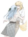  2girls animal_ears bang_dream! bang_dream!_it&#039;s_mygo!!!!! blonde_hair blue_hair blush brown_skirt chinese_commentary commentary_request dog_ears dog_girl dog_tail green_ribbon grey_skirt hair_ribbon highres long_hair long_sleeves medium_hair misumi_uika multiple_girls parted_lips plaid_clothes plaid_skirt purple_eyes ribbon shirt short_sleeves simple_background skirt tail tail_wagging tao_hua21781 togawa_sakiko two_side_up white_background white_shirt yuri 