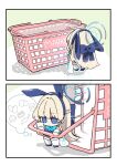  1girl animal_ears bag blonde_hair blue_archive blue_eyes blue_halo blue_ribbon blue_shoes broccoli carrot chibi chibi_only egg fake_animal_ears food garlic hair_ornament halo highres holding holding_paper koyuuuuuuuuuuu meat paper playboy_bunny rabbit_ears ribbon shoes shopping shopping_bag shopping_basket solo speech_bubble thought_bubble toki_(blue_archive) toki_(bunny)_(blue_archive) 