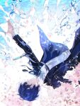  1boy air_bubble black_jacket black_pants black_ribbon blazer blue_eyes blue_hair bubble cherry_blossoms dappled_sunlight dress_shirt facing_to_the_side falling falling_petals highres jacket lanyard light_particles looking_ahead male_focus ocean open_clothes open_hand open_jacket outstretched_arms pants persona persona_3 persona_3_reload petals ribbon school_uniform shirt splashing sunlight tsukitaka underwater water water_drop white_background white_shirt yuuki_makoto_(persona_3) 