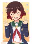  1girl blue_jacket brown_eyes brown_hair crescent crescent_pin gradient_hair green_sailor_collar green_skirt highres jacket jewelry kantai_collection long_sleeves multicolored_hair mutsuki_(kancolle) mutsuki_kai_ni_(kancolle) neckerchief ootori_(kyoya-ohtori) open_mouth pantyhose pleated_skirt red_hair red_neckerchief ring sailor_collar school_uniform serafuku short_hair skirt solo twitter_username upper_body wedding_ring white_background yellow_background 