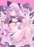  1girl absurdres ahoge alternate_costume animal_ear_piercing animal_ears bandaid bandaid_on_leg bikini bikini_under_clothes bikini_under_shorts black_bikini black_choker blush breasts candy cat_ears cat_girl cat_hair_ornament cat_tail choker fishnet_thighhighs fishnets food hair_ornament hairclip highleg highleg_bikini highres holding holding_candy holding_food holding_lollipop holding_weapon hololive large_breasts layered_bikini lollipop long_hair looking_at_viewer lying nekomata_okayu nishiro_hato onigirya_(nekomata_okayu) purple_eyes purple_hair shorts single_fishnet_legwear solo swimsuit tail thighhighs torn_clothes torn_shorts weapon white_bikini white_shorts 