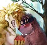 anthro blonde_hair bodily_fluids brown_body brown_fur canid canine cheek_tuft duo dust_yang facial_tuft felid fur green_eyes green_sclera grin hair hi_res horkeu_kamui_(tas) lifewonders macan_(tas) male male_anthro mammal mouth_closed muscular muscular_anthro muscular_male neck_tuft nipples nude outside pink_nipples sharp_teeth side_view smile sweat sweatdrop teeth tokyo_afterschool_summoners tuft white_body white_fur yellow_body yellow_eyes yellow_fur