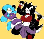 2025 5_fingers abs anthro asian_clothing bare_shoulders biceps big_breasts black_body black_fur black_hair blue_hair bottomwear bovid breast_scar breasts canid canine canis caprine cleavage cleavage_cutout clothed clothing cutout domestic_dog duo east_asian_clothing eyeliner eyewear facial_scar female fingers fist fur glasses grimace hachimitsu hair hands_behind_head hi_res holding_melee_weapon holding_object holding_sword holding_weapon japanese_clothing jaq_artz kimono makeup mammal melee_weapon midriff muscular muscular_female navel pose round_glasses scar sheep shep_(anaugi) shorts simple_background sunglasses sword tail topwear vest weapon white_body white_fur wool_(fur) wristband yellow_background yellow_eyes