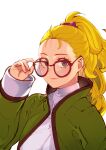  1girl blonde_hair brown_eyes chienon closed_mouth final_fantasy final_fantasy_v glasses hair_ornament highres krile_mayer_baldesion_(ff5) long_hair looking_at_viewer ponytail scholar_(final_fantasy) simple_background smile solo white_background 