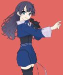  1girl arm_up asymmetrical_sleeves black_gloves black_shorts black_thighhighs blue_jacket commentary_request cowboy_shot cropped_jacket gloves half_updo highres holding holding_microphone jacket ladybug/beauty_(love_live!) link!_like!_love_live! llkapital long_sleeves looking_at_viewer love_live! microphone murano_sayaka official_alternate_costume red_background self-borrowed_hairstyle short_sleeves shorts simple_background single_glove solo standing thighhighs uneven_sleeves virtual_youtuber 