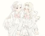  2girls black_headband blonde_hair bow bowtie brown_hair closed_eyes closed_mouth collared_shirt commentary_request friends grey_jacket grey_skirt hair_between_eyes hair_bow hair_ornament hairclip happy head_tilt headband holding_hands jacket jun_(kyurisin) leaning_forward light_smile long_sleeves looking_to_the_side multiple_girls open_clothes open_jacket open_mouth parted_bangs purple_bow purple_eyes red_bow red_bowtie saijou_claudine school_uniform shirt shoujo_kageki_revue_starlight simple_background skirt smile standing teeth tendou_maya thighhighs upper_body upper_teeth_only walking wavy_hair white_shirt yellow_background yuri 