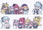  6+girls artoria_caster_(fate) artoria_pendragon_(fate) baobhan_sith_(fate) baobhan_sith_(first_ascension)_(fate) barghest_(fate) barghest_(second_ascension)_(fate) black_bow black_dress black_gloves black_tiara blonde_hair blue_eyes blush bow braid closed_eyes dress earrings fate/grand_order fate_(series) gloves green_eyes grey_eyes habetrot_(fate) hair_between_eyes hair_bow half_up_braid hat ichigo_berry jewelry long_hair melusine_(fate) melusine_(first_ascension)_(fate) morgan_le_fay_(fate) morgan_le_fay_(third_ascension)_(fate) multiple_girls open_mouth pink_hair pointy_ears ponytail simple_background smile spikes tiara very_long_hair white_hair 