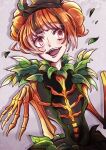  1girl disneyland dress gloves halloween halloween_costume happy hat highres joh leaf lips long_hair looking_at_viewer open_mouth orange_eyes orange_hair ribs smile solo upper_body 