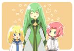  1boy 2girls aqua_eyes blonde_hair blue_eyes blush capelet choker colette_brunel collet_brunel dress eyes_closed green_hair long_hair martel_yggdrasill multiple_girls open_mouth red_hair short_hair tales_of_(series) tales_of_symphonia young younger zelos_wilder 