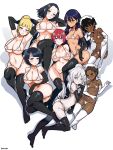  6+girls absurdres aiuti amate_yuzuriha aqua_eyes areola_slip armpits artist_name ass bikini black_gloves black_hair black_thighhighs blonde_hair blue_eyes blush bob_cut breasts brown_hair cecilia_irene commentary comoli_harcourt covered_nipples dark-skinned_female dark_skin deux_murasame elbow_gloves forehead frown gloves grey_hair gundam gundam_gquuuuuux highres kanchana large_breasts long_hair looking_at_viewer maid_headdress mature_female micro_bikini mole mole_under_eye multiple_girls navel nyaan_(gundam_gquuuuuux) ponytail purple_eyes red_hair shiiko_sugai short_hair simple_background small_breasts smile swimsuit thighhighs twitter_username updo vani_(gundam) white_background white_bikini white_gloves white_thighhighs yellow_eyes 