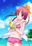  1girl bikini bikini_shorts bow breasts commentary_request cup day drinking_straw hair_bow holding holding_cup hood hood_down hoodie long_hair navel ocean open_mouth original outdoors polka_dot polka_dot_bikini ponytail purple_eyes red_hair sakuragi_akira shorts sky sleeveless sleeveless_hoodie small_breasts solo swimsuit water 