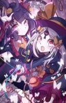  2girls abigail_williams_(fate) abigail_williams_(third_ascension)_(fate) black_bow black_dress black_hair black_hat blush bow commentary cosplay dress english_commentary fate/grand_order fate_(series) hair_bow hair_ornament hat heart heart_hair_ornament heart_ornament katsushika_hokusai_(fate) keyhole komeiji_koishi komeiji_koishi_(cosplay) komeiji_satori komeiji_satori_(cosplay) long_hair looking_at_viewer multiple_girls open_mouth pink_eyes short_hair smile tentacles the_land_druid third_eye touhou white_hair yellow_bow 