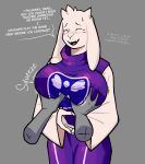 absurd_res anthro big_breasts blush blush_lines bodily_fluids boss_monster_(undertale) bovid breast_grab breasts caprine clothed clothing dialogue disembodied_hand dress eyelashes eyes_closed fangs female floppy_ears front_view fur ghozt goat grey_background hand_on_breast head_tuft hi_res horn huge_breasts lop_ears mammal open_mouth open_smile purple_clothing purple_dress simple_background smile solo speech_bubble sweat sweatdrop teeth text toriel tuft undertale_(series) white_body white_fur white_horn white_sleeves wide_hips