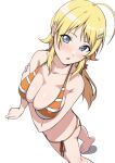  1girl ahoge arm_under_breasts armpit_crease bare_arms bare_shoulders barefoot bikini blonde_hair blue_eyes breasts cleavage collarbone foot_out_of_frame hachimiya_meguru hair_ornament hairclip halterneck hand_on_own_arm highres idolmaster idolmaster_shiny_colors large_breasts light_blush long_hair looking_at_viewer low_twintails monya_monya_(tmsc7752) open_mouth orange_bikini side-tie_bikini_bottom simple_background solo standing star_(symbol) star_hair_ornament striped_bikini striped_clothes swimsuit twintails white_background white_bikini 