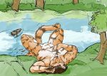 2012 ambiguous_species anthro big_breasts blue_sky boat breasts brown_hair clothed_prey day detailed_background duo felid female forest fur grass hair holding_micro holding_prey huge_breasts imminent_oral_vore imminent_vore jeri_kleinlowe lying macro male male/female mammal micro nipples nude nude_female nude_macro nude_pred on_back open_mouth orange_body orange_fur outside pantherine pink_nipples plant pond shere_tehroar sky striped_body stripes tail tiger tree vehicle water watercraft