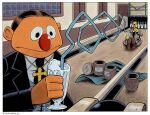 2021 4_fingers beads bert_(sesame_street) beverage big_nose black_facial_hair black_hair black_mustache boots border bowling_alley bowling_ball bowling_pin brown_boots brown_clothing brown_footwear brown_hair bruce_mccorkindale bucket clothing container cross cross_necklace crossover door drinking_straw duo ernie_(sesame_street) eyebrows facial_hair fingers foam footwear glass grey_clothing grey_topwear grey_vest hair hi_res humanoid jacket jewelry male milkshake mixed_media muppet muppets mustache necklace necktie orange_body orange_nose orange_skin paint_can parody pbs prayer_beads red_nose rosary scoreboard sesame_street shoes signature silly_straw there_will_be_blood thick_eyebrows topwear unibrow vest white_border yellow_body