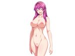  1girl breasts censored closed_eyes collarbone completely_nude cowboy_shot facing_viewer game_cg gentle_sasaki large_breasts long_hair mole mosaic_censoring navel nipples non-web_source nude official_art open_mouth pink_hair purple_hair pussy shindou_hatsune smile solo soukou_senki_prism_reica transparent_background 