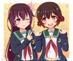  2girls blue_jacket blush brown_hair closed_eyes crescent crescent_pin gradient_hair green_sailor_collar green_skirt highres jacket jewelry kantai_collection kisaragi_(kancolle) kisaragi_kai_ni_(kancolle) long_hair long_sleeves multicolored_hair multiple_girls mutsuki_(kancolle) mutsuki_kai_ni_(kancolle) neckerchief one_eye_closed ootori_(kyoya-ohtori) open_mouth pantyhose pleated_skirt purple_eyes red_hair red_neckerchief ring sailor_collar school_uniform serafuku short_hair skirt smile upper_body v wedding_ring white_background yellow_background 