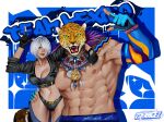  1boy 1girl abs angel_(kof) animal_ears animal_head backless_pants bara blue_eyes bra breasts chaps cleavage crop_top cropped_jacket fingerless_gloves gloves hair_over_one_eye highres horns_pose index_fingers_raised jacket jaguar jaguar_boy jaguar_ears jaguar_tail king_(tekken) large_breasts large_pectorals leather leather_jacket looking_at_viewer luchador mexico midriff muscular muscular_male navel nipples panties pants pectorals short_hair smile snk solo strapless strapless_bra tail teamwork tekken tekken_8 the_king_of_fighters the_king_of_fighters_xiv toned toned_female topless_male underwear white_hair wrestler wrestling wrestling_outfit zoeragez 