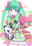  1girl :3 bell blush bow braid bun_cover closed_mouth commentary dress frilled_dress frills green_bow green_dress green_nails hand_up highres jingle_bell long_hair looking_at_viewer morumoru_x nail_polish original purple_eyes red_bow red_dress simple_background sleeves_past_wrists solo stuffed_animal stuffed_panda stuffed_toy symbol-only_commentary twin_braids two-tone_dress white_background 