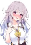  1girl arm_at_side blush bow bowtie brown_skirt collarbone commentary confession embarrassed eyes_visible_through_hair furrowed_brow grey_hair gyaru hair_between_eyes hair_intakes hair_ornament hairclip hand_up index_finger_raised kinoshita_kaede kogal long_hair long_sleeves mizuka_academy_school_uniform nail_polish nose_blush open_mouth pointing pointing_at_self purple_nails red_eyes red_pupils school_uniform shirt sidelocks simple_background skirt sleeves_rolled_up solo suspender_skirt suspenders sweatdrop tareme tenshi_souzou_re-boot! translated upper_body white_background white_shirt yamichi_(yamichi8369) yellow_bow yellow_bowtie 