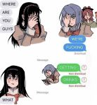 akemi_homura black_bow black_hair blue_eyes blue_hair blush bow closed_eyes grey_eyes hair_bow hairband hand_over_eye highres long_hair looking_at_viewer mahou_shoujo_madoka_magica meme mermaidcandle miki_sayaka mitakihara_school_uniform multiple_views red_hair sakura_kyoko school_uniform short_hair sweatdrop text_messaging 