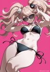  1girl absurdres adjusting_eyewear ai-generated bear_hair_ornament bikini black-framed_eyewear black_bikini blonde_hair blue_eyes breasts closed_mouth commentary danganronpa:_trigger_happy_havoc danganronpa_(series) enoshima_junko eyelashes hair_ornament highres kawaaniiiii long_hair nail_polish navel pink_background red_nails side-tie_bikini_bottom simple_background smile solo stomach sunglasses swimsuit thighs twintails twitter_username 