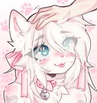 anthro blep blush blush_lines bow_ribbon bust_portrait cel_shading chest_tuft closed_smile collar digital_drawing_(artwork) digital_media_(artwork) disembodied_hand domestic_cat duo eye_through_hair eyebrow_through_hair eyebrows eyelashes eyelashes_through_hair felid feline felis female female_anthro fur hair hand_on_hair hand_on_head headpat heart_collar hi_res human lock looking_up_at_another mammal mostly_offscreen_character motion_outline mouth_closed pink_bow pink_collar pink_inner_ear pink_nose pink_ribbon pink_theme portrait shaded simple_background smile solo_focus strawbwymilk teal_eyes tongue tongue_out translucent translucent_hair tuft watermark whiskers white_body white_fur white_hair white_sclera white_whiskers