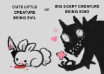 ambiguous_gender black_body black_eyes black_fur blood bodily_fluids canid canine creepy duo english_text feral flower fur goldcanines heart_symbol knife lagomorph leporid looking_at_viewer mammal plant rabbit sharp_teeth simple_background teeth text white_body white_eyes white_fur