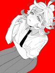  1girl :3 blunt_ends breast_pocket closed_mouth collared_shirt commentary dos_i2525 freckles from_above futsuu_no_keion-bu greyscale_with_colored_background hand_up highres medium_hair messy_hair necktie pleated_skirt pocket red_background school_uniform screentones shirt simple_background sitting skirt solo tsuru_asaka 