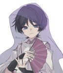  1boy armor black_hair blunt_ends closed_mouth clothing_cutout enoziku_16 eyeliner eyeshadow folding_fan genshin_impact hand_fan hands_up highres holding holding_fan japanese_armor japanese_clothes kariginu kimono kote kurokote looking_at_viewer makeup male_focus open_hands purple_eyes purple_kimono purple_sleeves purple_veil red_eyeliner red_eyeshadow scaramouche_(genshin_impact) scaramouche_(kabukimono)_(genshin_impact) see-through_clothes see-through_veil shoulder_cutout smile solo string three-quarter_sleeves twitter_username upper_body veil white_background white_sleeves wispy_bangs 