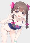  1girl bare_shoulders bikini blue_eyes blush bow bracelet braid breasts brown_hair earrings frills hair_bow hair_ornament hairband highres idolmaster idolmaster_cinderella_girls jewelry long_hair looking_at_viewer navel necklace open_mouth pink_bow ribbon sakuma_mayu saltylemontea simple_background small_breasts smile solo stomach swimsuit teeth thighlet twin_braids twintails 