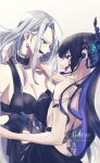  2girls absurdres alternate_costume backless_dress backless_outfit black_bra black_dress black_gloves black_hair black_scarf blue_eyes bra breasts character_name commentary demon_horns diamond_earrings dress earrings gloves hand_on_another&#039;s_back highres hololive hololive_english horns jac0_art jewelry large_breasts lipstick long_hair looking_at_another makeup microphone monarch_(amalee) multiple_girls nerissa_ravencroft open_mouth red_eyes scarf song_name symbol-only_commentary underwear virtual_youtuber vshojo white_hair 