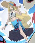  absurdres bikini bikini_under_clothes blue_sarong brown_hat cynthia_(pokemon) cynthia_(summer_2025)_(pokemon) flower flower_hat hair_over_one_eye hat hat_flower highres milotic official_alternate_costume pokemon pokemon_(creature) pokemon_dppt pokemon_masters_ex sarong shirt straw_hat sun_hat swimsuit tied_shirt 