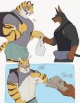 absurd_res anthro athletic_wear backpack big_muscles big_pecs black_body black_fur blush blush_lines body_hair bottomwear bottomwear_pull brown_body brown_fur bulge canid canine canis claws clothed clothing clothing_lift clothing_pull delivery_(commerce) delivery_employee detailed_bulge dobermann domestic_dog duo erection erection_under_clothing felid finger_claws fur gym_bottomwear gym_shorts happy_trail hi_res k0bit0wani kemono male male/male mammal multicolored_body multicolored_fur muscular muscular_anthro muscular_male orange_body orange_fur pantherine pecs pink_nose pinscher pubes shirt shirt_lift shorts shorts_pull simple_background staring_at_chest striped_body striped_fur stripes t-shirt tank_top tiger tipping topwear two_tone_body two_tone_fur