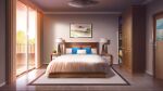  apartment balcony bed bedroom blanket carpet ceiling_light curtains desk_lamp door glass_door highres indoors lamp non-web_source official_art our_life our_life:_beginnings_and_always photo_(object) pillow plant potted_plant railing shelf tile_floor tiles variant_set wardrobe window_light 
