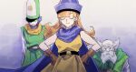  1girl 2boys alena_(dq4) balding beard belt blue_cape blue_hair blue_hat blunt_bangs blunt_ends blurry blurry_background brey brown_gloves buttons cape clift closed_eyes coat commentary_request curly_hair double-breasted dragon_quest dragon_quest_iv earrings facial_hair fukusuu_(zeonms_06s) gloves green_coat green_hat hands_on_own_hips hat jewelry long_hair mitre multiple_boys old old_man open_mouth orange_hair partial_commentary short_hair smile sphere_earrings sweatdrop tunic upper_body white_facial_hair yellow_tunic 