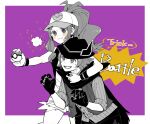  1boy 1girl atsumi_yoshioka baseball_cap blush exposed_pocket greyscale_with_colored_background hat hat_with_ears hilbert_(fall_2020)_(pokemon) hilbert_(pokemon) hilda_(pokemon) holding holding_poke_ball official_alternate_costume open_mouth poke_ball pokemon pokemon_bw pokemon_masters_ex purple_background smile 