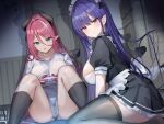  2girls absurdres black_socks black_thighhighs blue_eyes blush breasts closed_mouth controller demon_girl demon_horns demon_tail game_controller hair_between_eyes highres horns indoors kihou_no_gotoku_dmc kneehighs large_breasts long_hair looking_at_viewer maid maid_headdress multiple_girls open_mouth original panties pink_hair pointy_ears purple_eyes purple_hair short_sleeves sitting socks tail thighhighs thighs underwear 