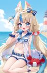  1girl :3 ai-generated animal_ear_fluff animal_ears beach bikini blonde_hair blue_bow blue_hair blue_sailor_collar blue_scrunchie blue_sky blush bow cat_ears cat_girl crab day fang flat_chest hair_bow highres indie_virtual_youtuber lifebuoy_hair_ornament lighthouse long_hair looking_at_viewer moorina multicolored_bikini multicolored_hair navel ocean open_mouth outdoors sailor_collar sameko_saba sand scrunchie shirt shorts sitting sky sleeveless sleeveless_shirt smile solo striped_bikini striped_clothes swimsuit tail virtual_youtuber white_bikini white_shirt white_shorts wrist_scrunchie 