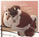 2025 5_fingers akita anthro barbed_wire belly black_nose bodily_fluids body_hair border brown_body brown_clothing brown_countershading brown_cowboy_hat brown_fur brown_hair brown_headwear butt canid canine canis cigar clothing countershade_arms countershade_face countershade_legs countershade_tail countershade_torso countershading cowboy_hat dialogue domestic_dog english_text fangs fence fingers fur hair hat headgear headwear hi_res jewelry jockstrap leaning leaning_forward lock looking_at_viewer male mammal moobs moose_(campfire_donut) multicolored_body multicolored_fur neck_tuft necklace nipples overweight overweight_anthro overweight_male padlock padlock_necklace pawpads pink_nipples rancher roseonapot short_tail solo spitz suggestive sweat sweatdrop tail teeth text trans_(lore) trans_man_(lore) tuft underwear warm_colors white_border white_clothing white_jockstrap white_underwear