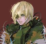  1boy armor black_armor black_fur blonde_hair blue_eyes breastplate dimitri_alexandre_blaiddyd dimitri_alexandre_blaiddyd_(timeskip) eyepatch fire_emblem fire_emblem:_three_houses hair_behind_ear hair_between_eyes lno408 looking_ahead male_focus one_eye_covered red_background sanpaku simple_background solo white_fur 