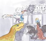 arm_feathers bite black_body black_feathers blue_body blue_scales bodily_fluids box brown_body brown_feathers claws clever_girls container dinosaur dromaeosaurid feathered_dinosaur feathered_scalie feathers female feral green_body green_scales group head_feathers hi_res inside megalosaurid open_mouth ornithomimid plushie prehistoric_species reptile scales scalie seam_(sewing) sharp_teeth sickle_claw size_difference strflr_(artist) sweat tail tail_feathers teeth theropod toe_claws trio trying_to_fly white_body white_feathers yellow_body yellow_scales