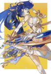  1girl absurdres arched_back armpit_crease artist_name bare_shoulders blue_hair blue_nails border breasts bridal_legwear feet foot_out_of_frame gohanduck gold_bra gold_trim hair_ornament hand_up highres holding_with_feet iuno_(wuthering_waves) jewelry legs long_hair looking_at_viewer medium_breasts miniskirt mole mole_on_armpit nail_polish no_shoes open_mouth panties pleated_skirt ring simple_background skirt solo standing standing_on_one_leg tacet_mark_(wuthering_waves) tassel teeth toenail_polish toenails toes twintails underboob underwear upper_teeth_only very_long_hair weapon white_border white_panties wuthering_waves yellow_background 