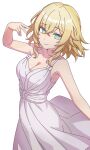  1girl aglaea_(honkai:_star_rail) alternate_costume bare_arms bare_shoulders blonde_hair breasts cleavage commentary cowboy_shot dress english_commentary green_eyes hair_between_eyes highres honkai:_star_rail honkai_(series) looking_at_viewer medium_breasts prickly-chan_(ycactussprout) short_hair simple_background sleeveless sleeveless_dress smile solo spaghetti_strap standing white_background white_dress 